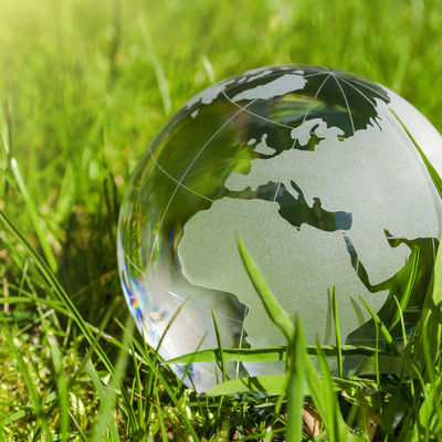 Bild vergrößern: Weltkugel aus Glas, Erde mit Gras und Sonne, Naturschutz, Umweltschutz, Klimaschutz