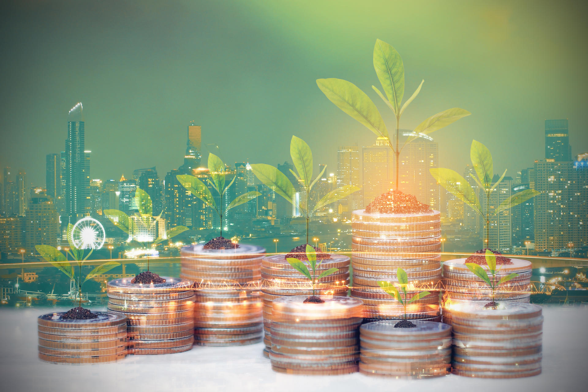Bild vergrößern: Double exposure of Trees growing on coins money on city background for Real estate investments and business concept