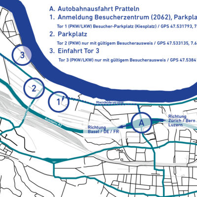 Bild vergrößern: Umgebungsplan des Gebietes um den GETEC PARK.MUTTENZ inklusive Nummern, Anreise mit PKW/LKW